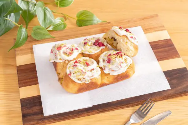 Pistachio, White Chocolate and Rose Scrolls